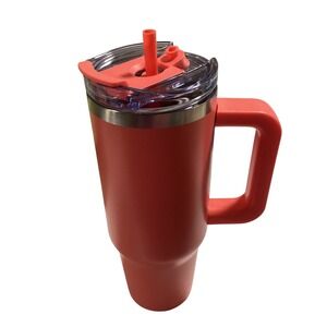 Large Coral Travel Mug with Handle & Straw Insulated Tumbler for Hot & Cold.40oz